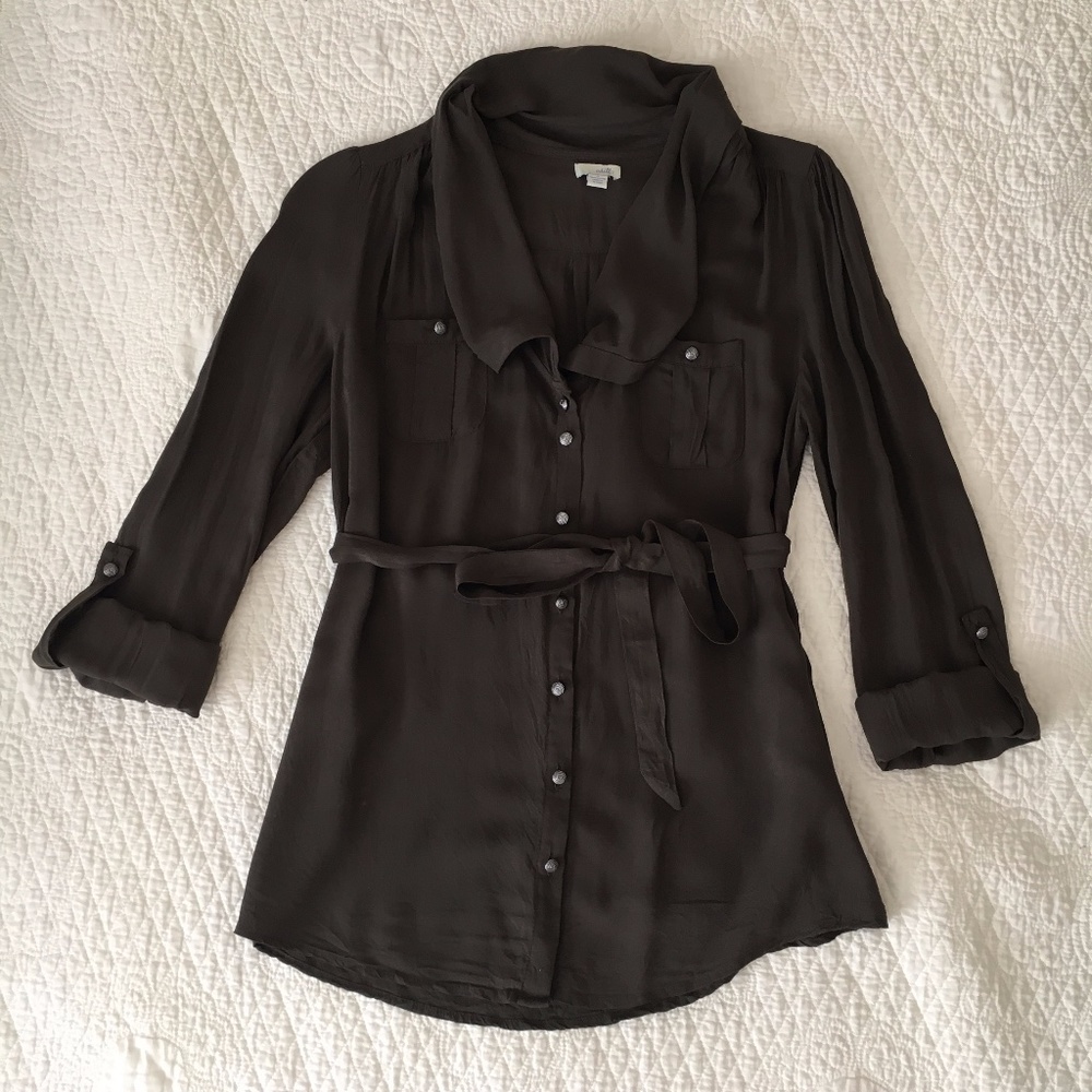 Anthropologie Odille Blouse Draped Collar Tunic Button Up Shirt Women's Size 0